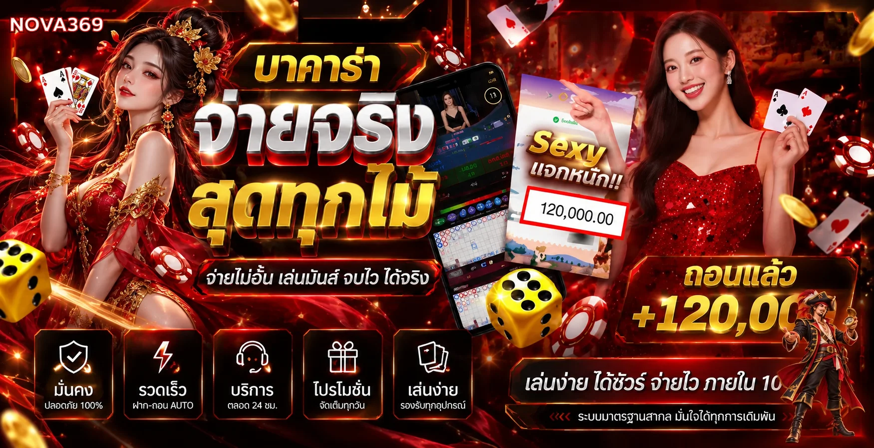 คาสิโนสด nova369 พร้อมโต๊ะเกมและบรรยากาศสีแดงดำ